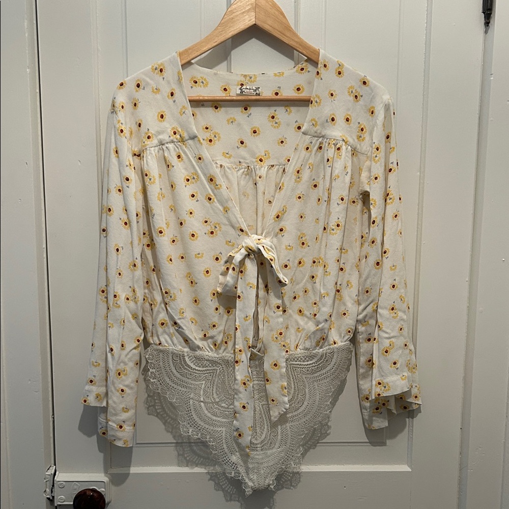 Free People Floral Tie-Front Bodysuit in Cream and Yellow